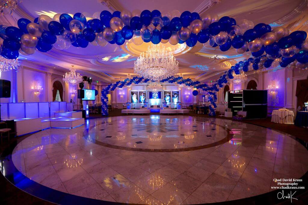 Blue and Silver Balloon Wrap around Dance Floor with Lights at The Rockleigh