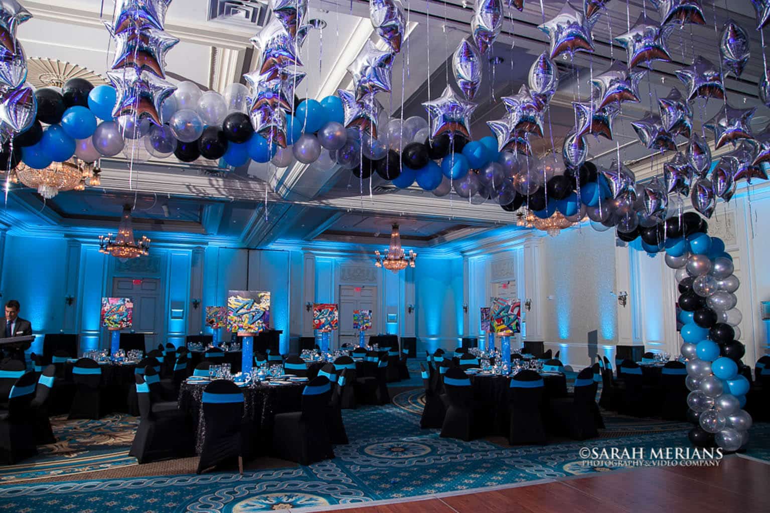 Graffiti Themed Bar Mitzvah with Turquoise, Black and Silver Balloon Canopy Wrap on Dance Floor at The Woodcliff Lake Hilton