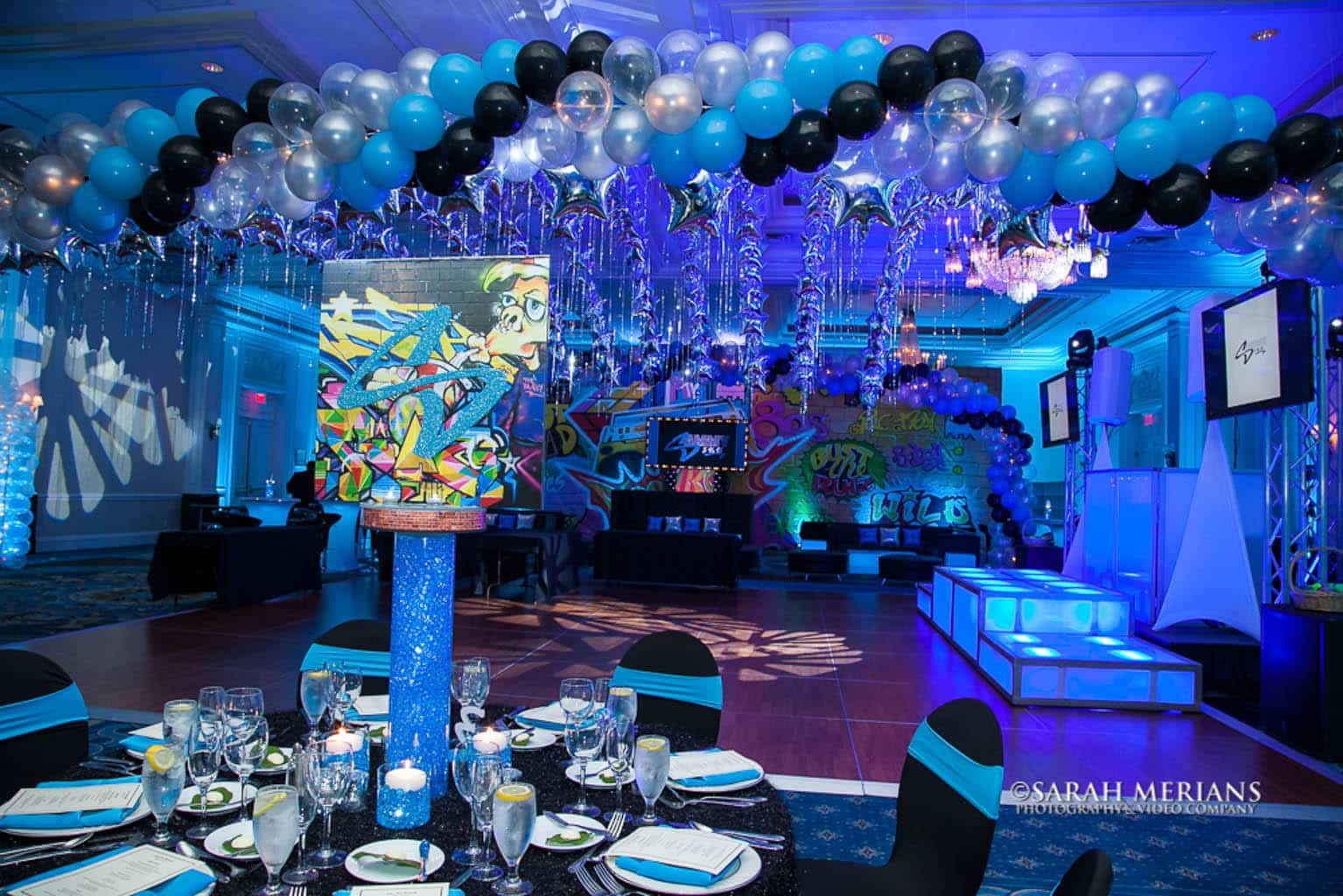 Graffiti Themed Bar Mitzvah with Turquoise, Black and Silver Balloon Canopy Wrap on Dance Floor at The Woodcliff Lake Hilton