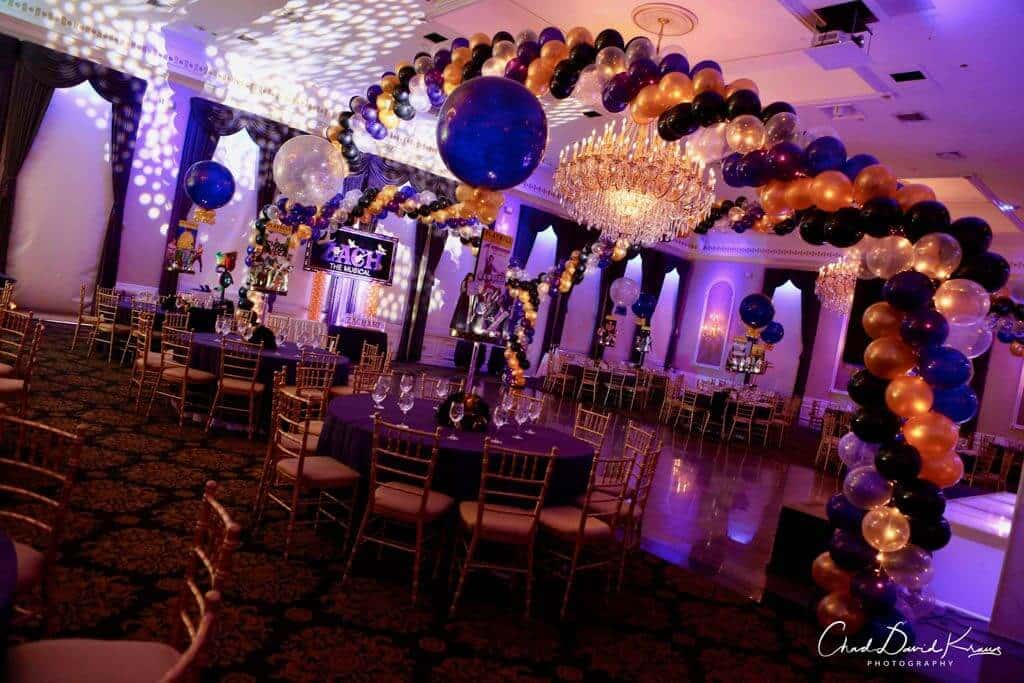 Purple and Gold Balloon Wrap around Dance Floor with Lights. at Florentine Gardens, NJ