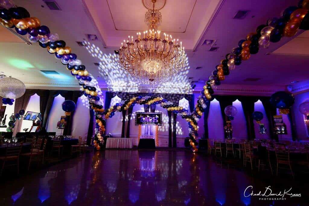 Purple and Gold Balloon Wrap around Dance Floor with Lights. at Florentine Gardens, NJ