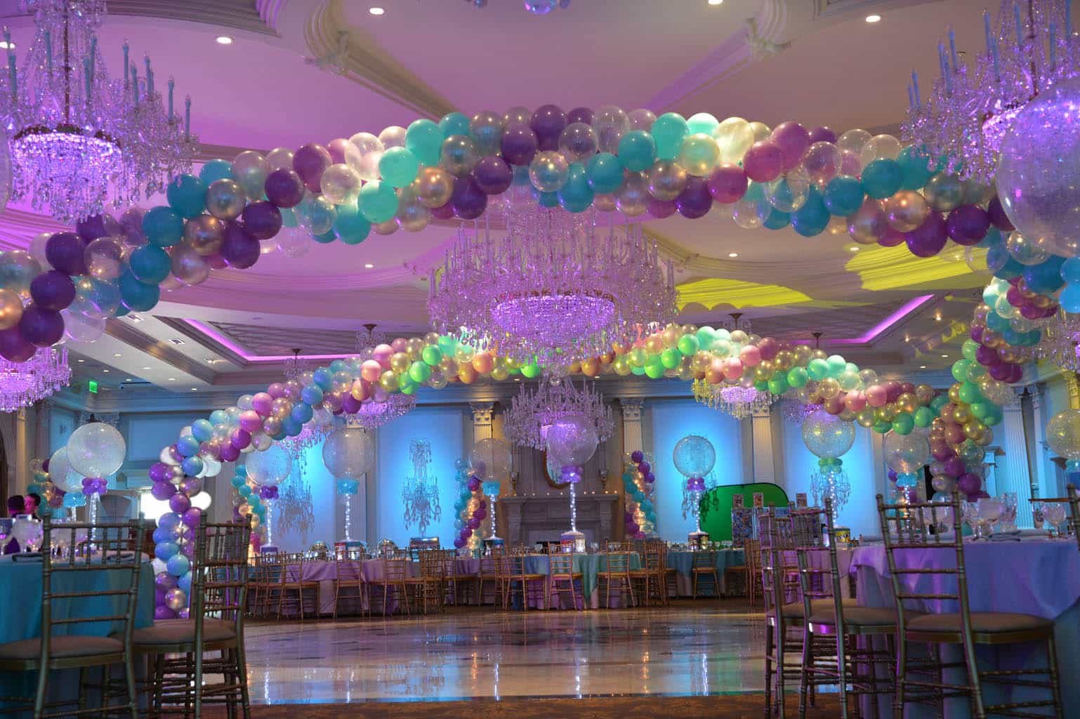 Turquoise and Lavender Balloon Wrap over Dance Floor with Twinkling Lights at The Rockleigh