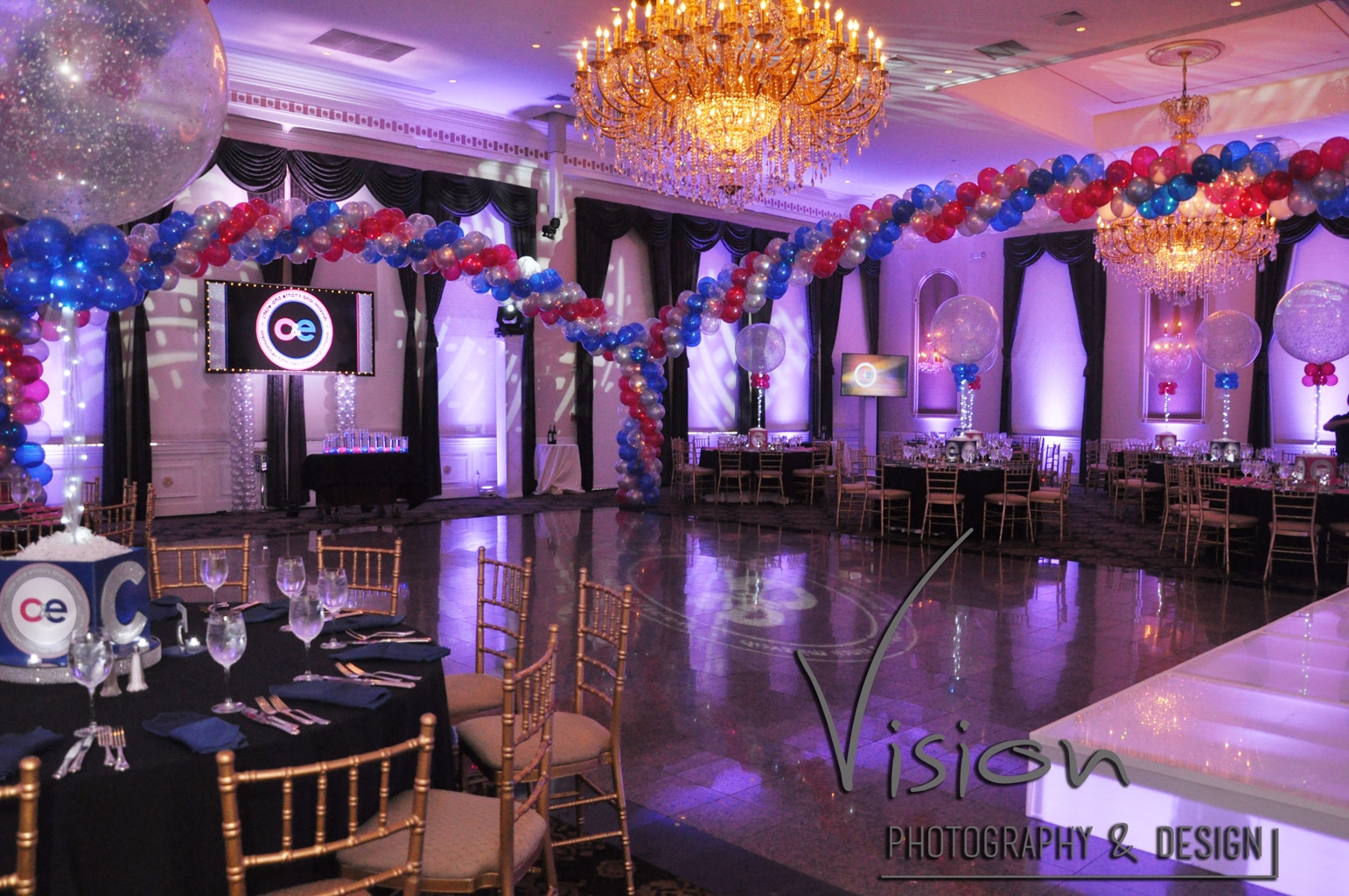Blue and Pink Bnai Mitzvah with Balloon Wrap around Dance Floor and Lights