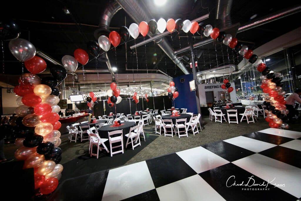Red, Black and Silver Bar Mitzvah Balloon Gazebo with Lights at Grand Prix, Mt. Cisco