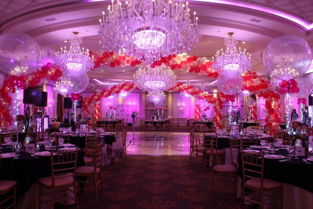 Hot Pink and Silver Balloon Wrap around Dance Floor with Lights at The Rockleigh
