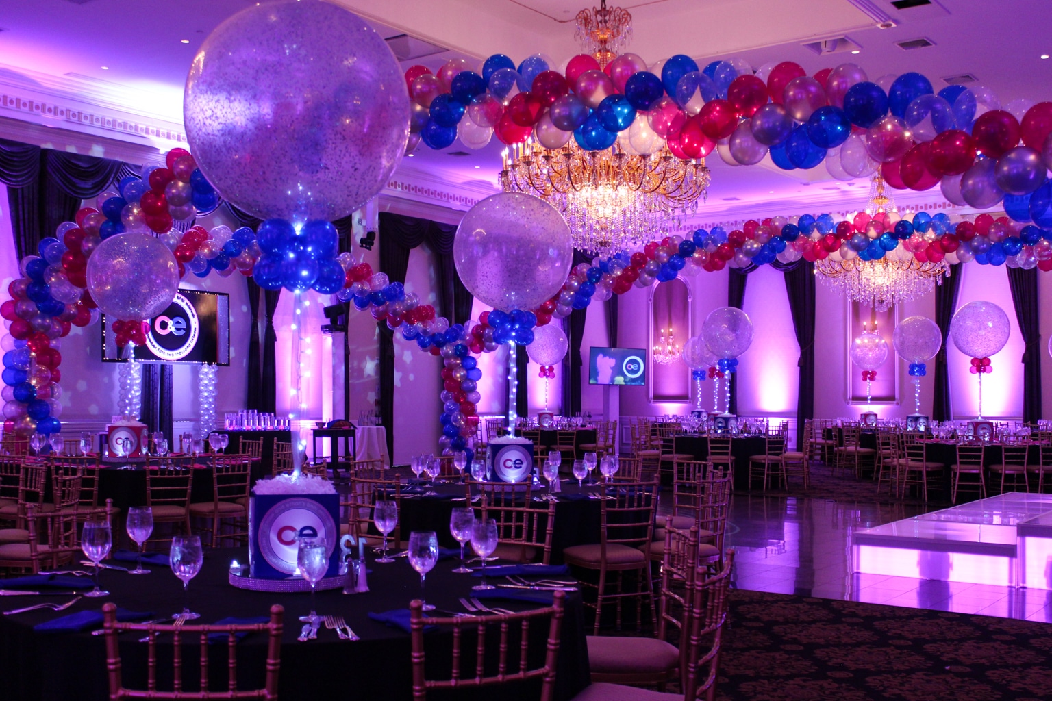 Blue and Pink Bnai Mitzvah with Balloon Wrap around Dance Floor and Lights