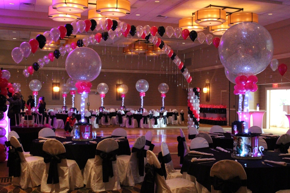 Hot Pink, Silver and Black Balloon Gazebo over Dance Floor