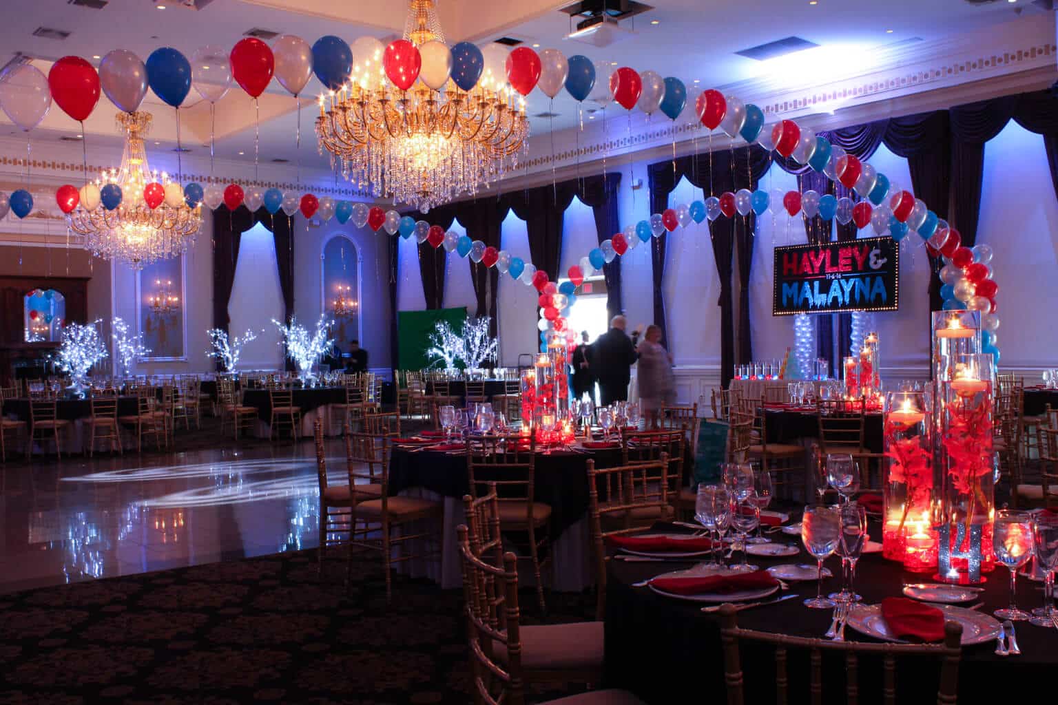 Red and Blue Balloon Gazebo with Lights for Fire and Ice Themed B'nai Mitzvah at Florentine Gardens