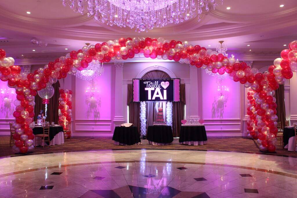 Hot Pink and Silver Balloon Wrap around Dance Floor with Lights at The Rockleigh