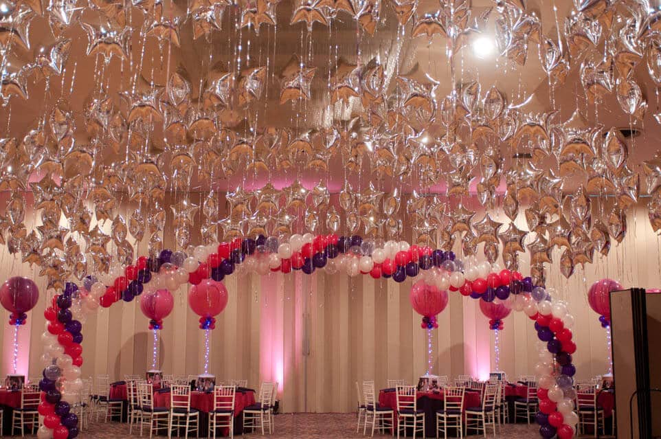 Pink and Purple Themed Bat Mitzvah with Silver Mylar Star Canopy Wrap over Dance Floor