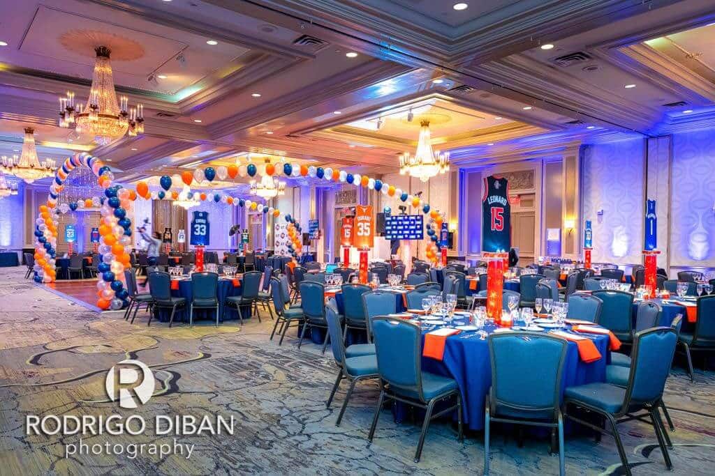 Navy and Orange Balloon Gazebo around Dance Floor for Basketball Themed Bar Mitzvah at The Hilton, Woodcliff Lake, NJ