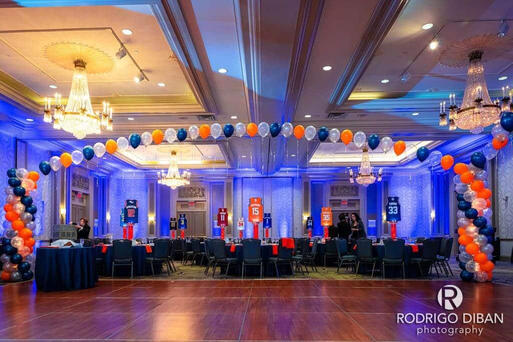 Navy and Orange Balloon Gazebo around Dance Floor for Basketball Themed Bar Mitzvah at The Hilton, Woodcliff Lake, NJ