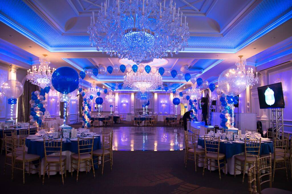 Blue and Silver Balloon Gazebo with Lights for Ski Themed Bar Mitzvah at The Rockleigh