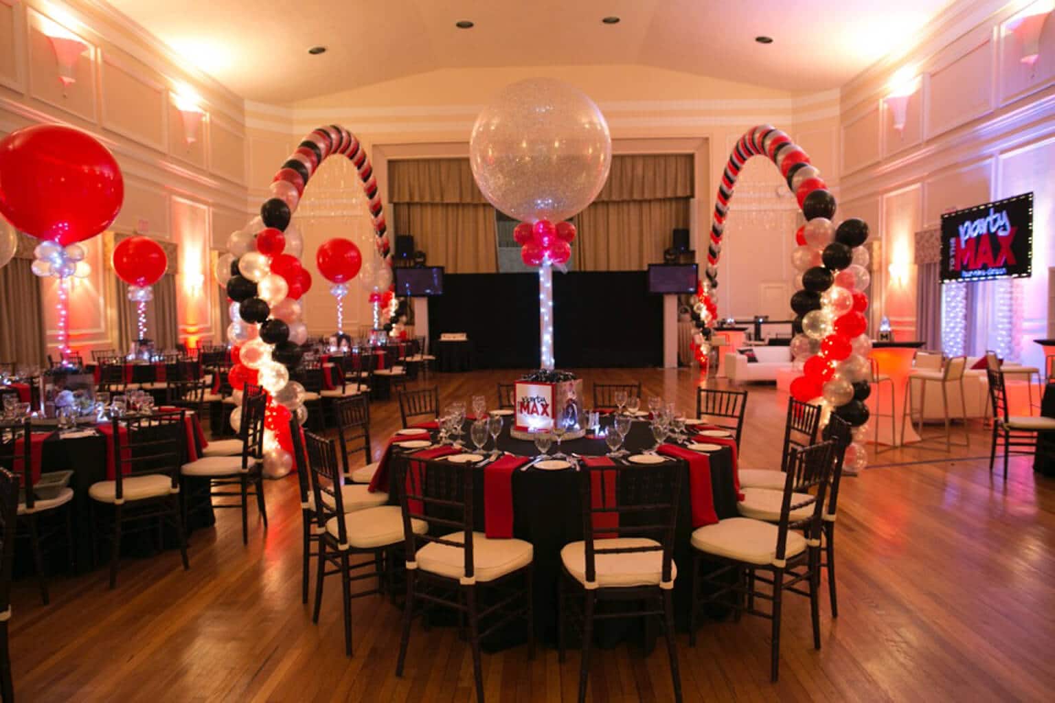 Red, Black and Silver Balloon Gazebo with Lights at CV Rich Mansion