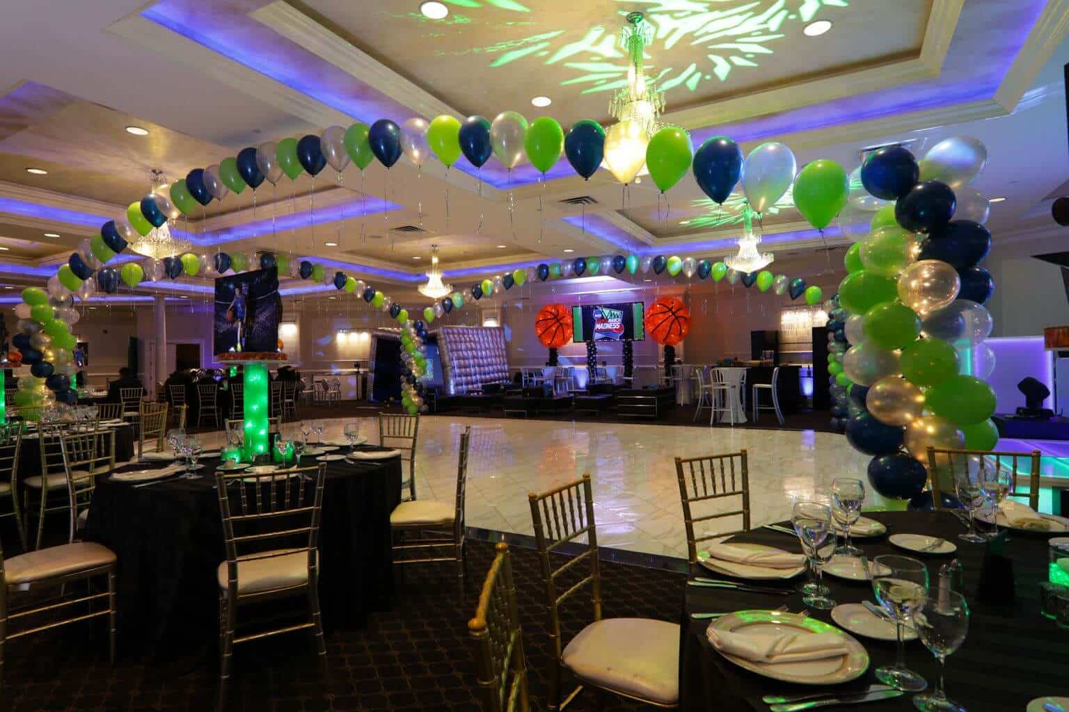 Lime and Navy Balloon Gazebo with Lights over Dance Floor for Basketball Themed Bar Mitzvah at the Wilshire Grand