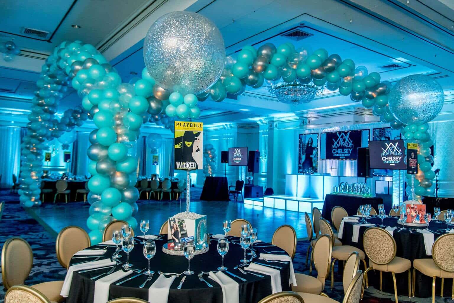 Turquoise and Silver Balloon Wrap around Dance Floor and LED Uplighting at The Hilton, Pearl River
