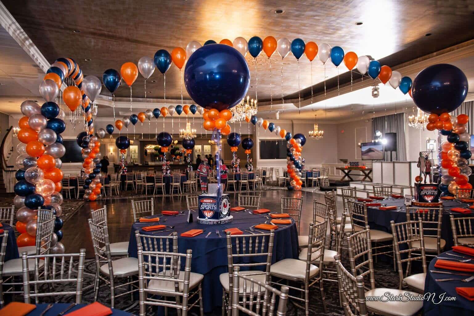 Navy and Orange Balloon Gazebo with Lights for ESPN Themed Bar Mitzvah at The Mansion at Mountain Lakes