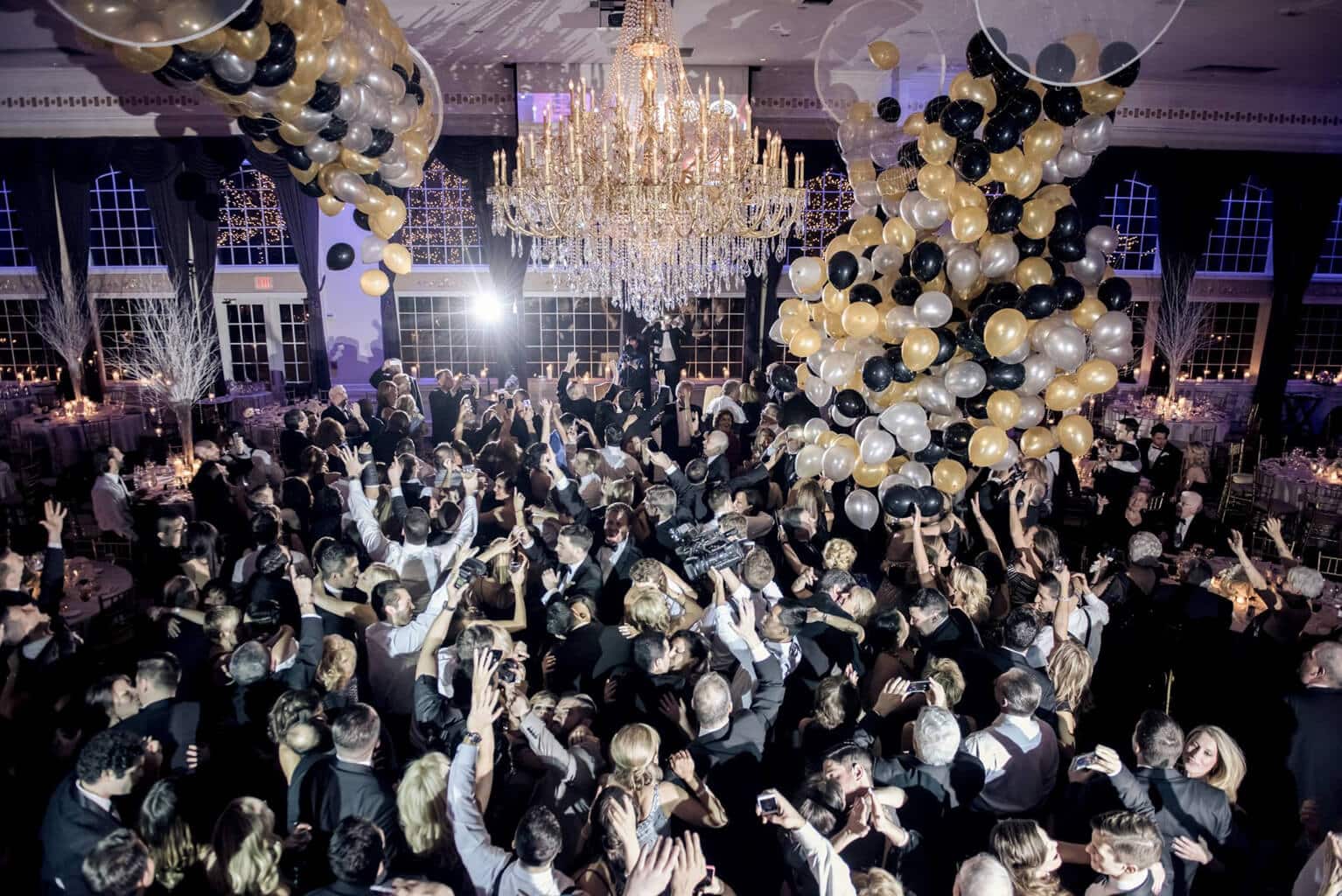 Wedding Balloon Drop with Black, Gold and Silver Balloons