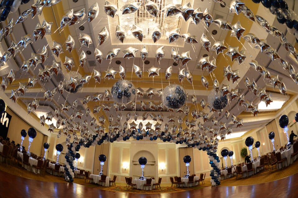 Navy and White Bar Mitzvah with Balloon Canopy Wrap over Dance Floor and Exploding Balloon Release