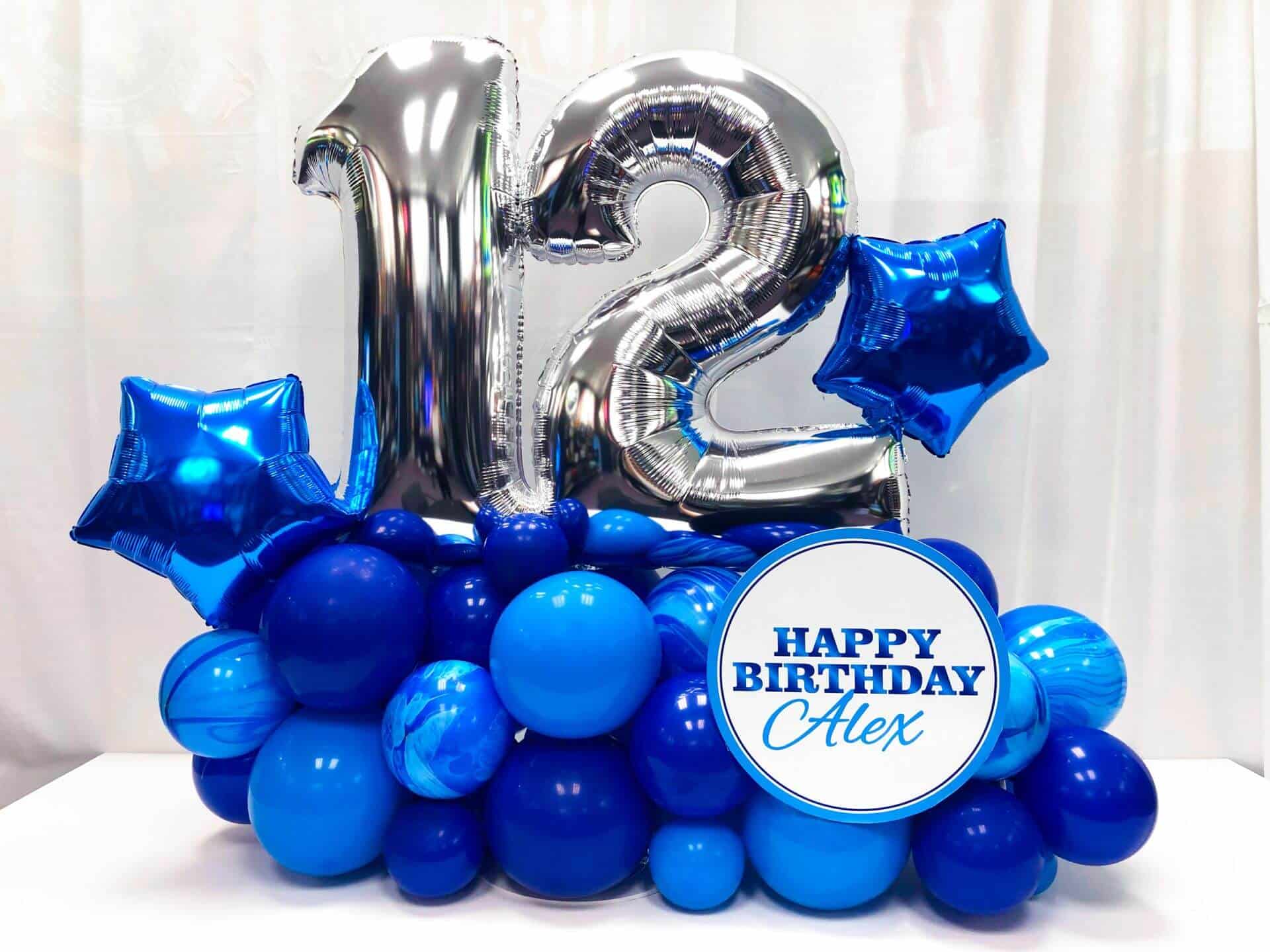 Shades of Blue Balloon Bouquet with Stars and Custom Sign for 12th Birthday