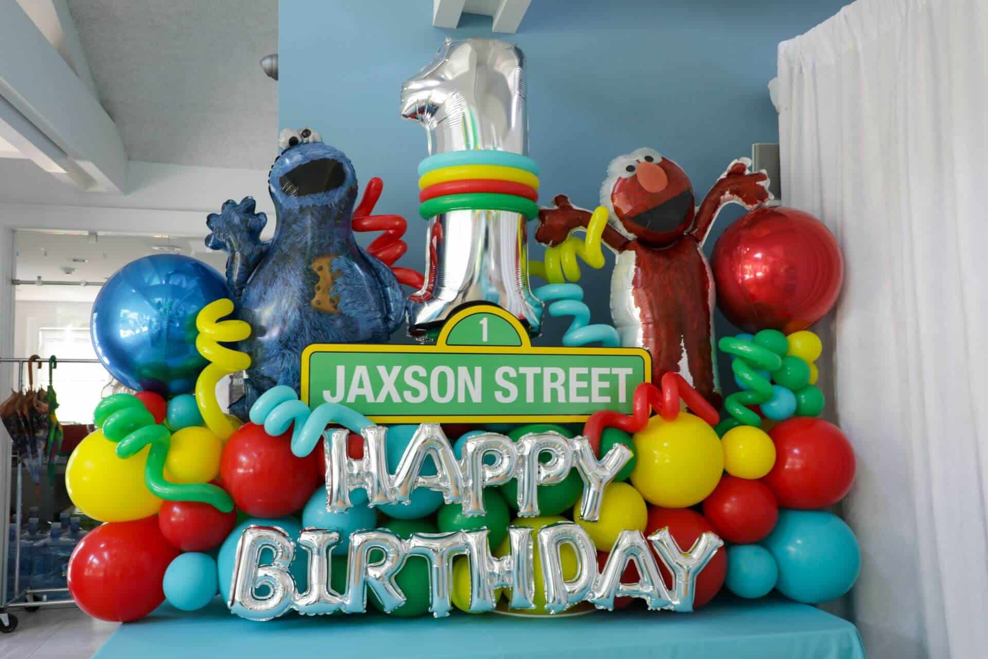 Sesame Street Theme Fancy Balloon Bouquet with Custom Sign for 1st Birthday