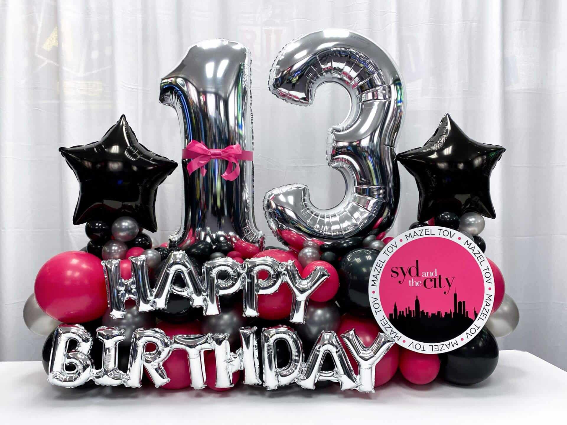 NYC Themed Fancy Balloon Bouquet with Custom Sign for 13th Birthday