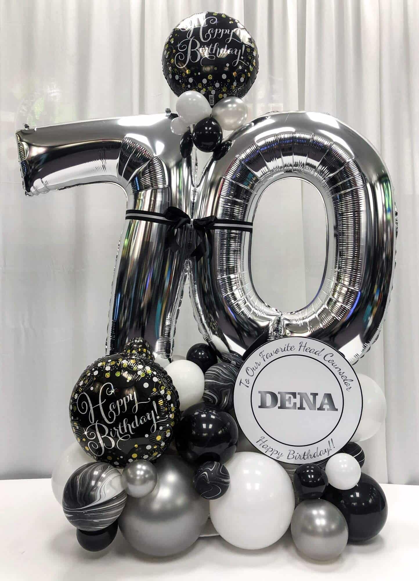 Black and White Birthday Balloon Bouquet with Marble Balloons and Personalized Sign
