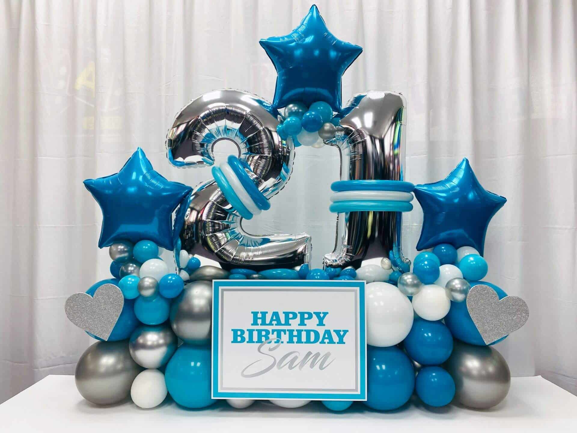 Turquoise & Silver Birthday Bouquet with Stars and Custom Sign For Home Celebration