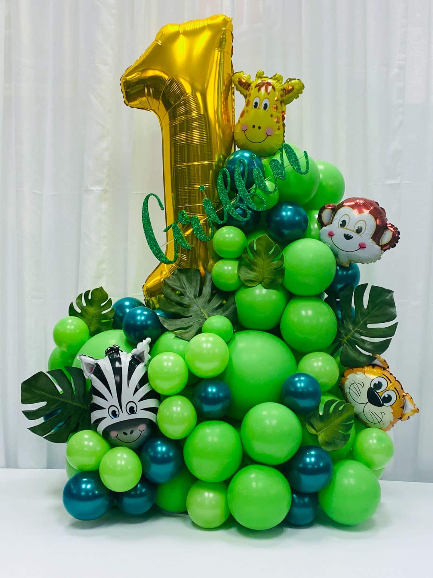 Safari Themed Birthday Bouquet with Animal Head Balloons and Glittered Name