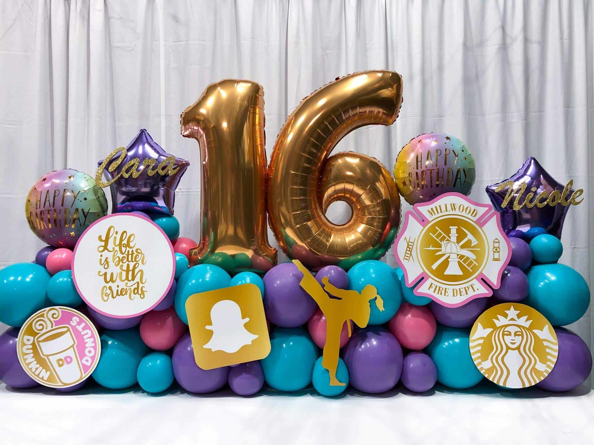 Everything Girl Balloon Bouquet with Custom Interests Cutouts For Twin Birthday