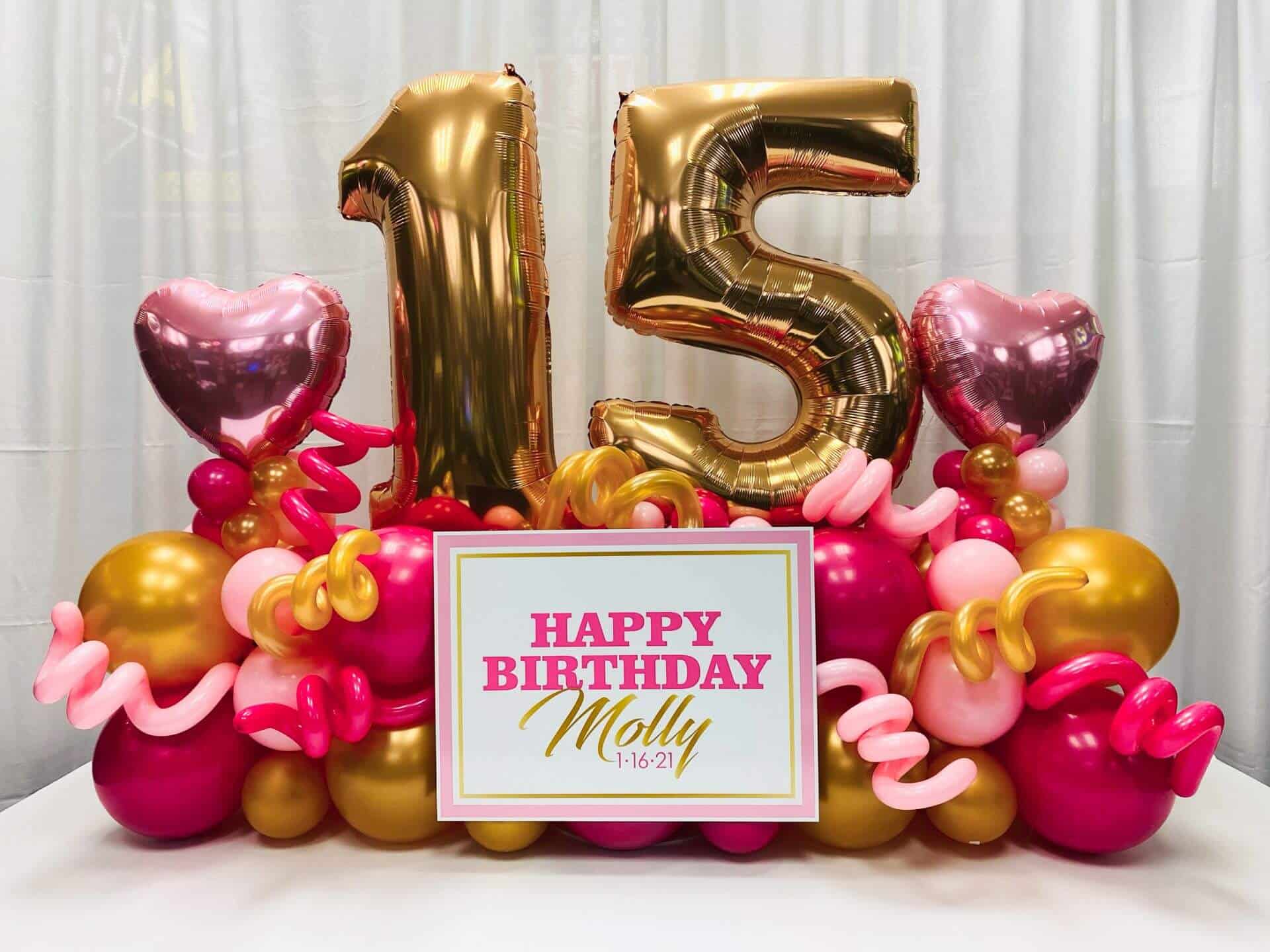 Shades of Pink and Gold Balloon Bouquet with Custom Sign For Birthday Delivery
