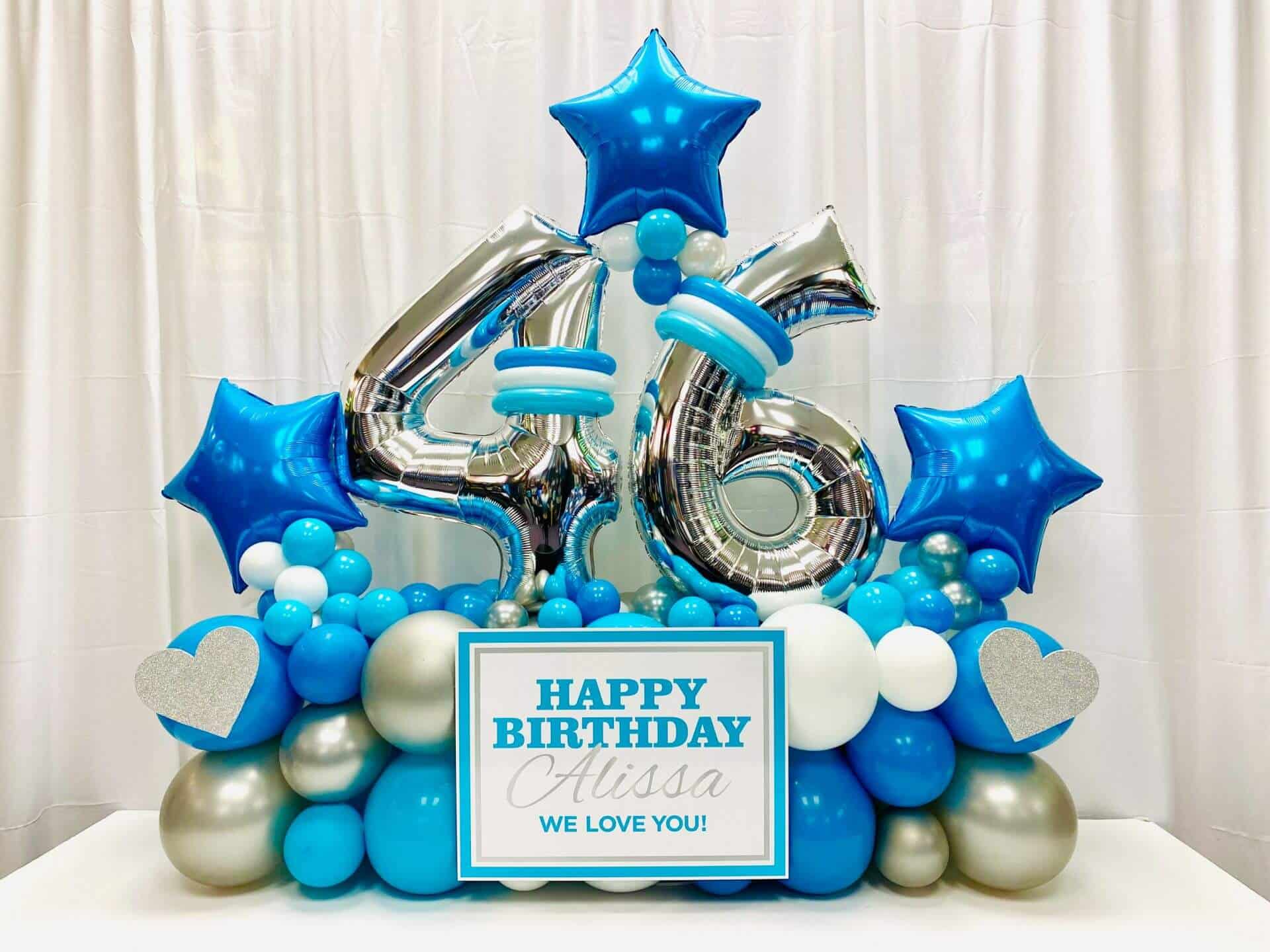 Fancy Balloon Bouquet with Custom Sign for 46th Birthday