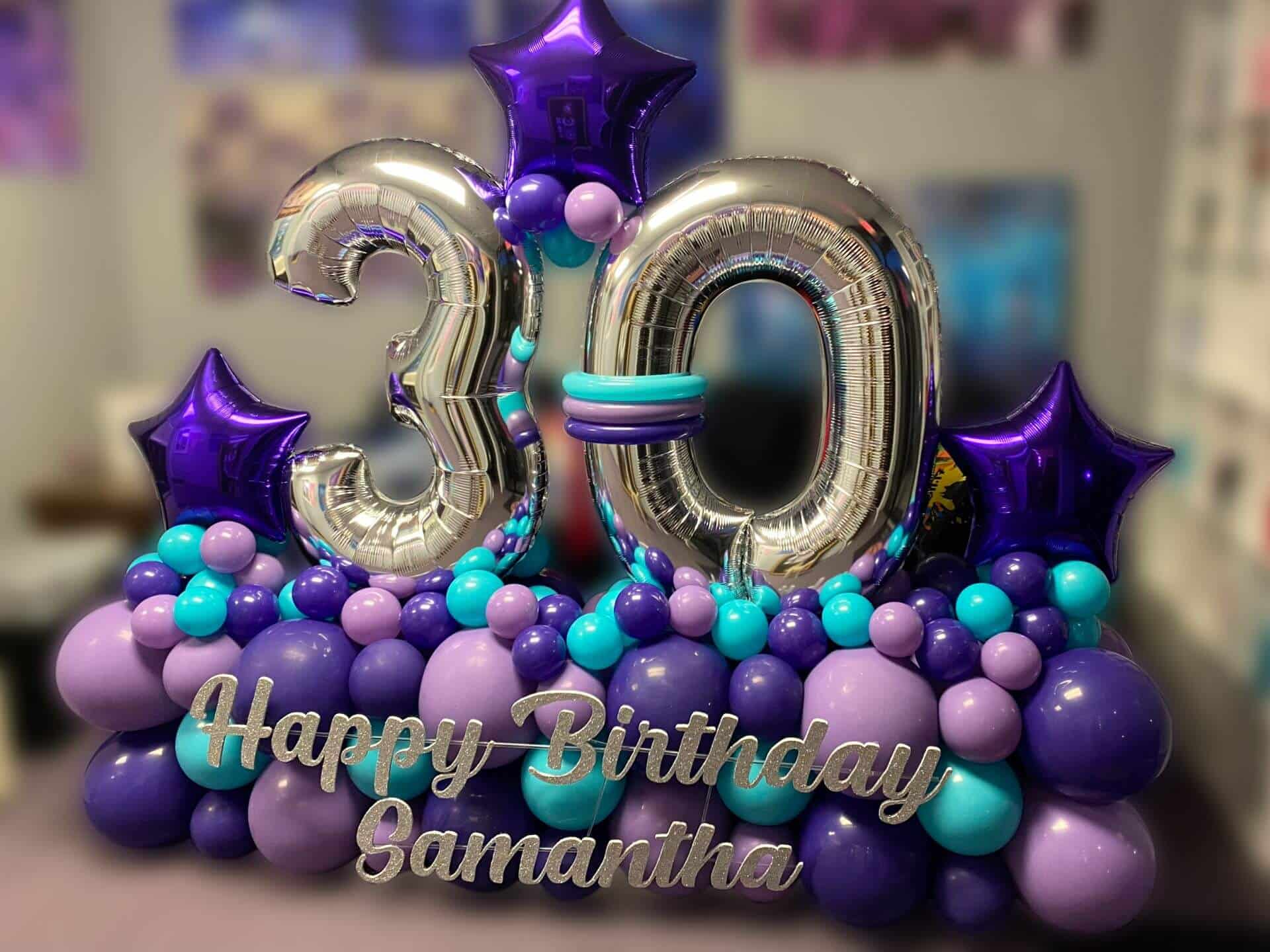 Fancy Balloon Bouquet with Custom Cut Out Sign for 30th Birthday