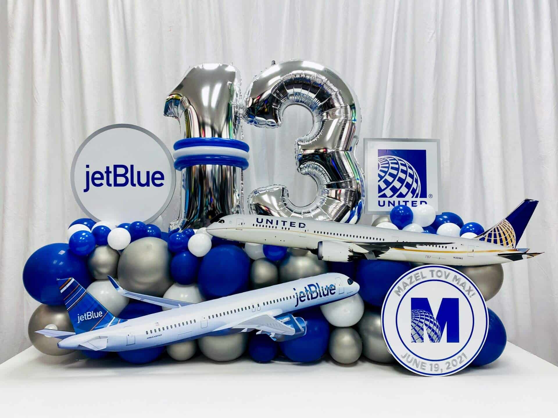 Airplane Themed Fancy Balloon Bouquet with Custom Sign for 13th Birthday