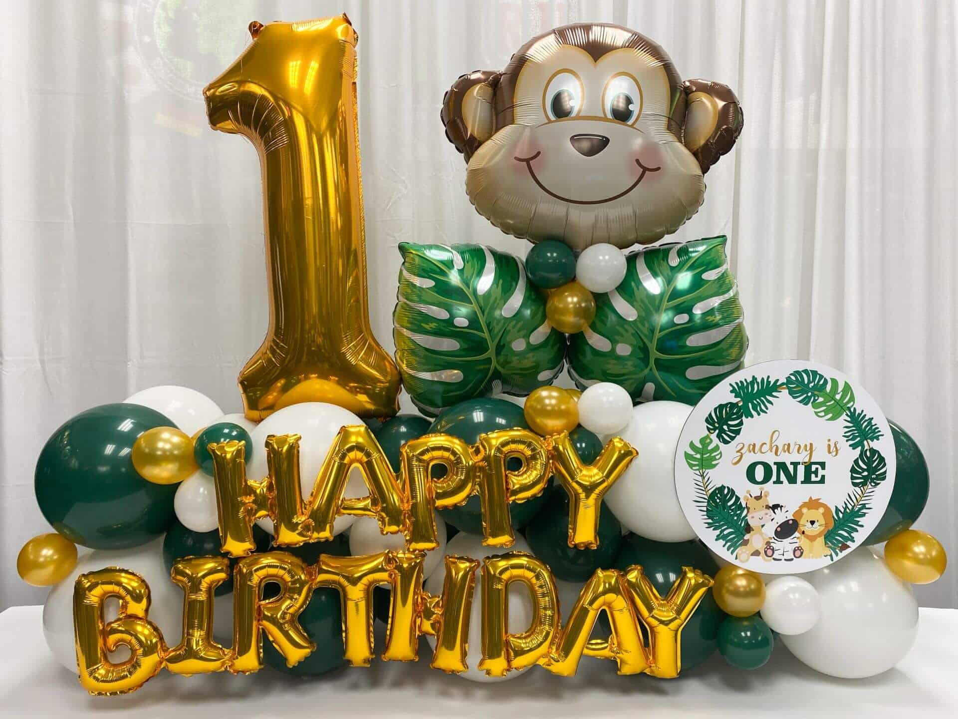 Jungle Themed First Birthday Balloons with Custom Logo and Monkey Head