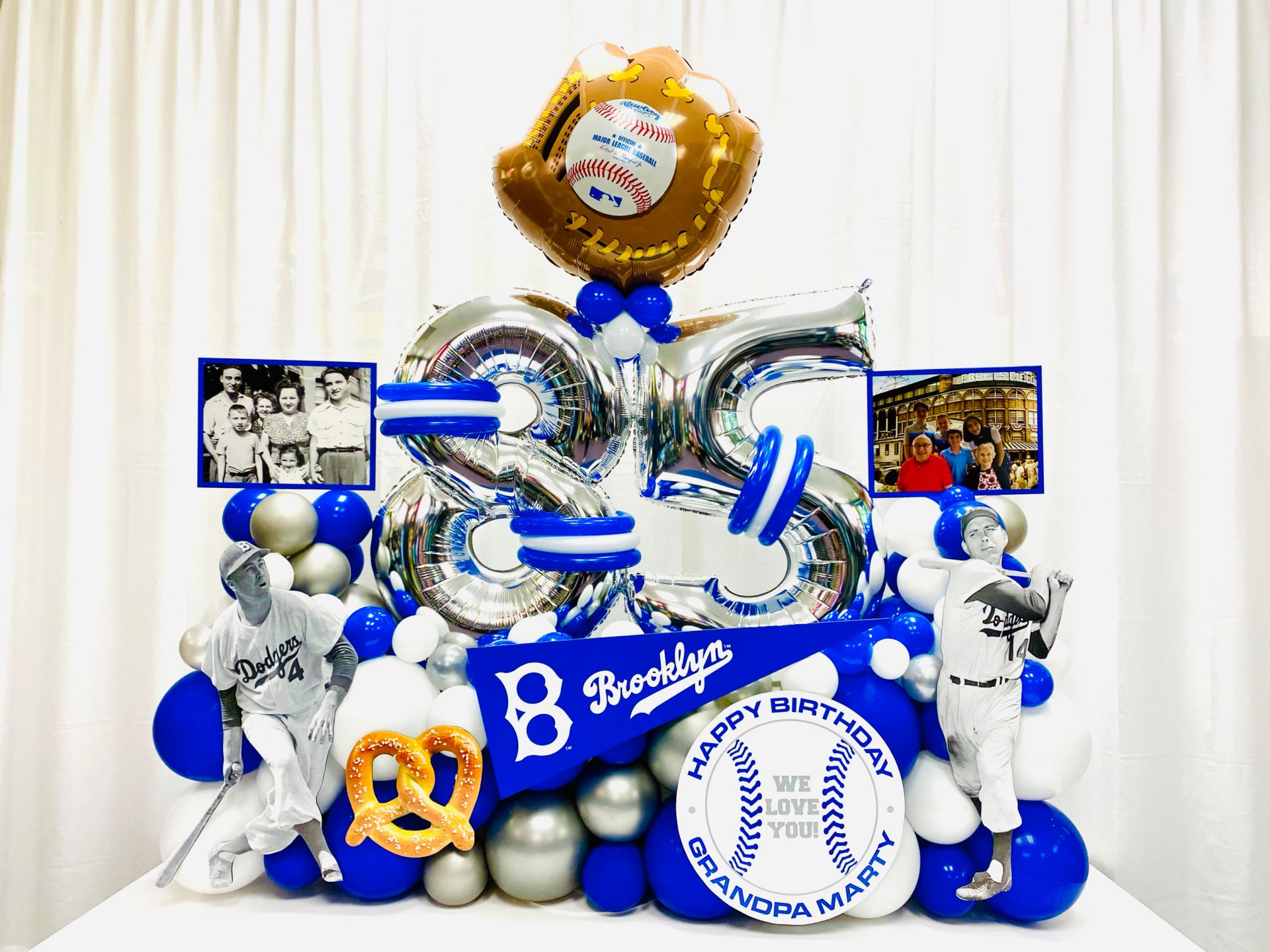 Baseball Theme Fancy Balloon Bouquet with Custom Sign, Cut Outs and Pictures for 85th Birthday