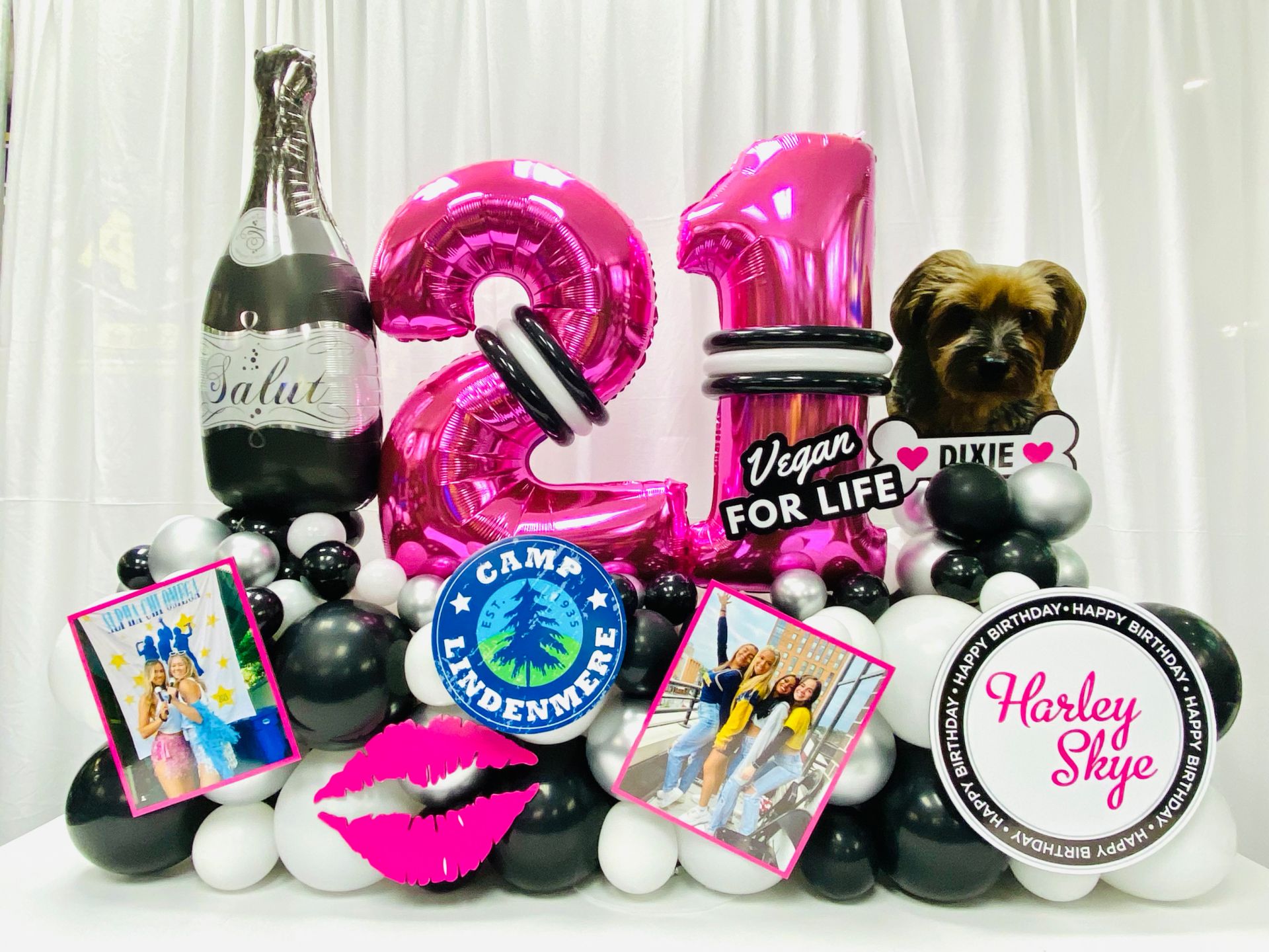 Everything Girl Fancy Balloon Bouquet with Custom Sign, Cut Outs and Pictures for 21st Birthday