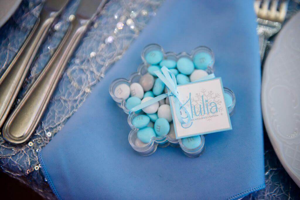 Snowflake Container with M and M's and Logo Tag for Sweet Sixteen Party Favor