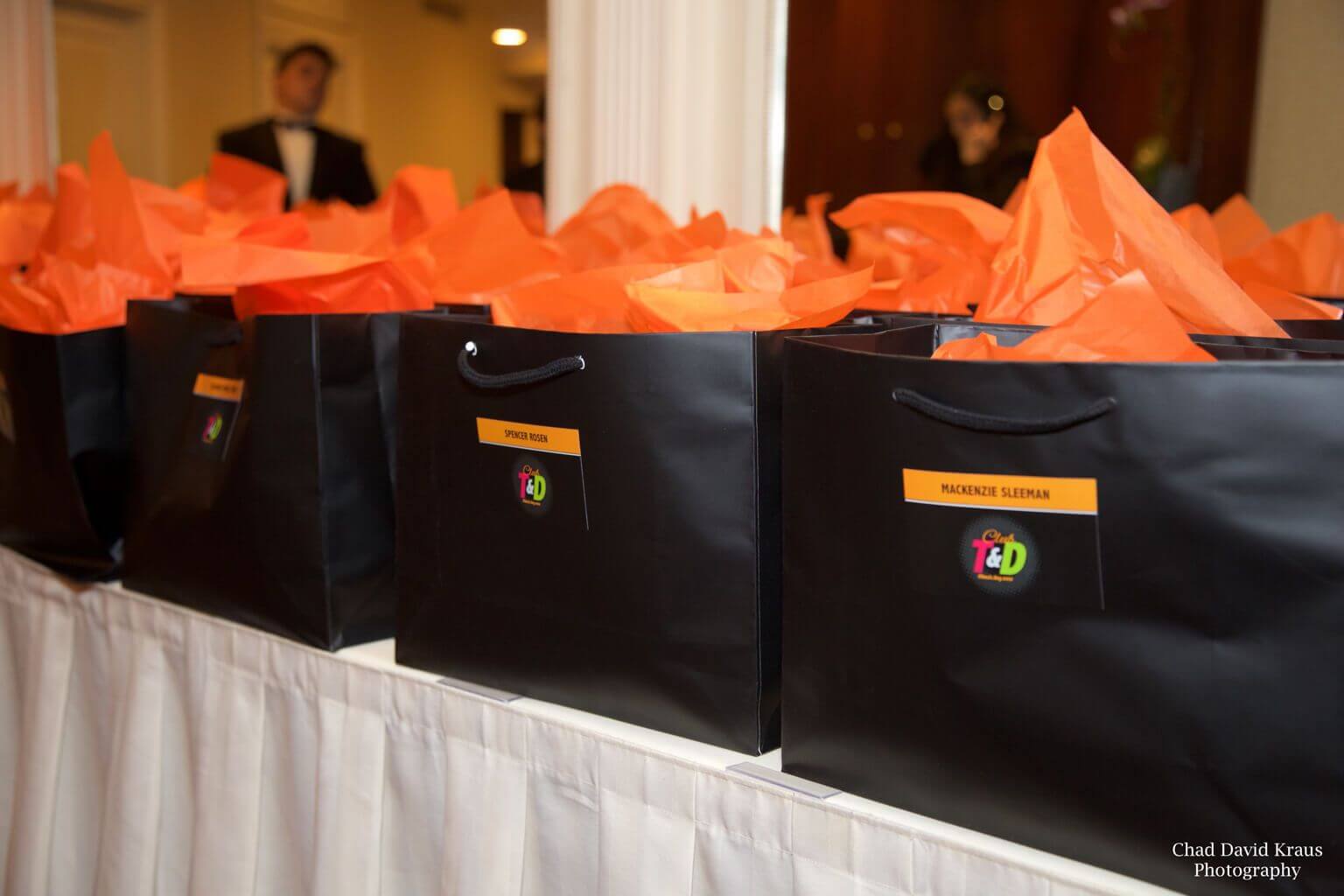 Party Favor Bags with Logo Labels and Colored Tissue Paper