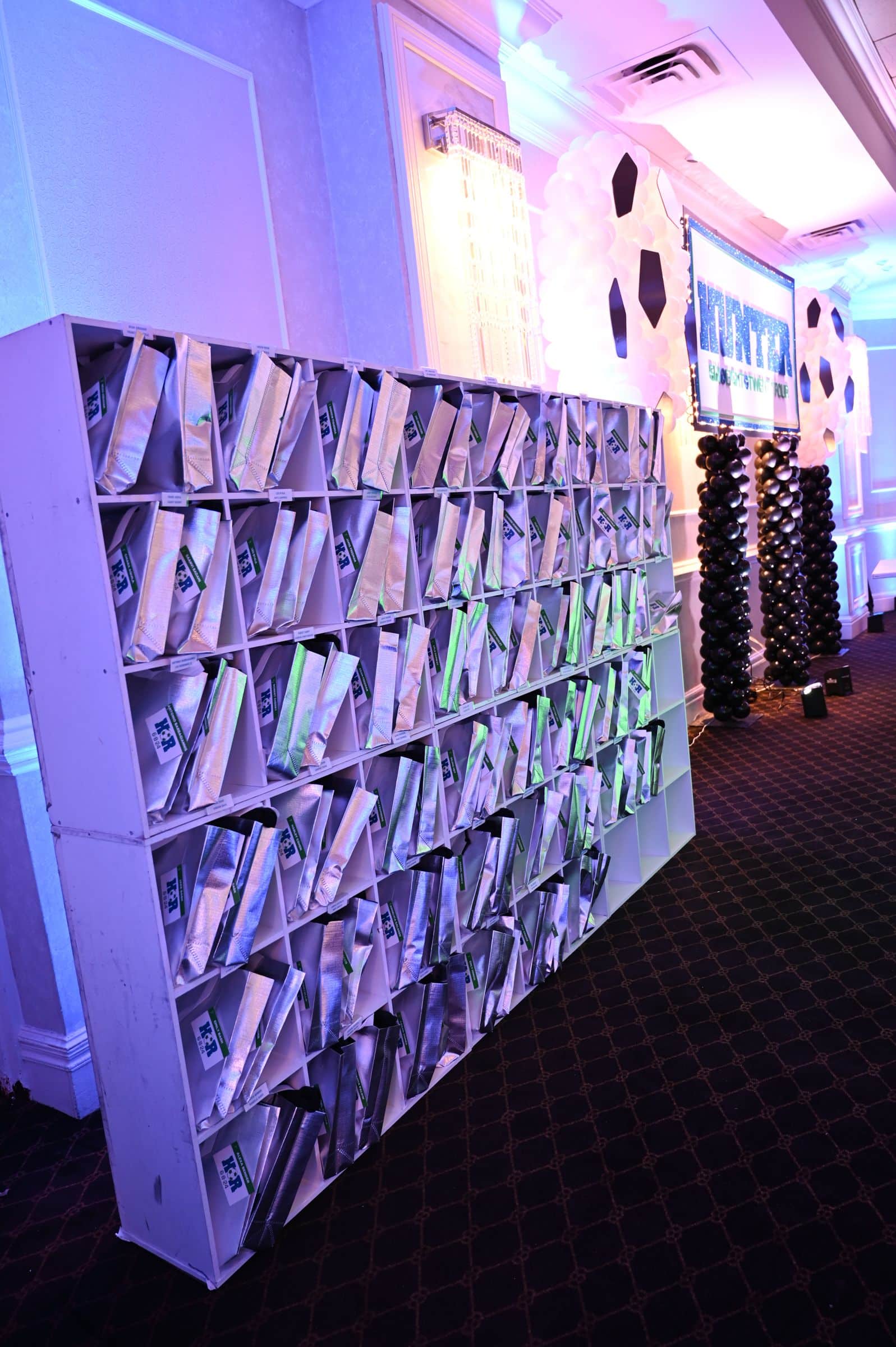 Custom Silver Favor Bags with Logo Tags in Cubbies