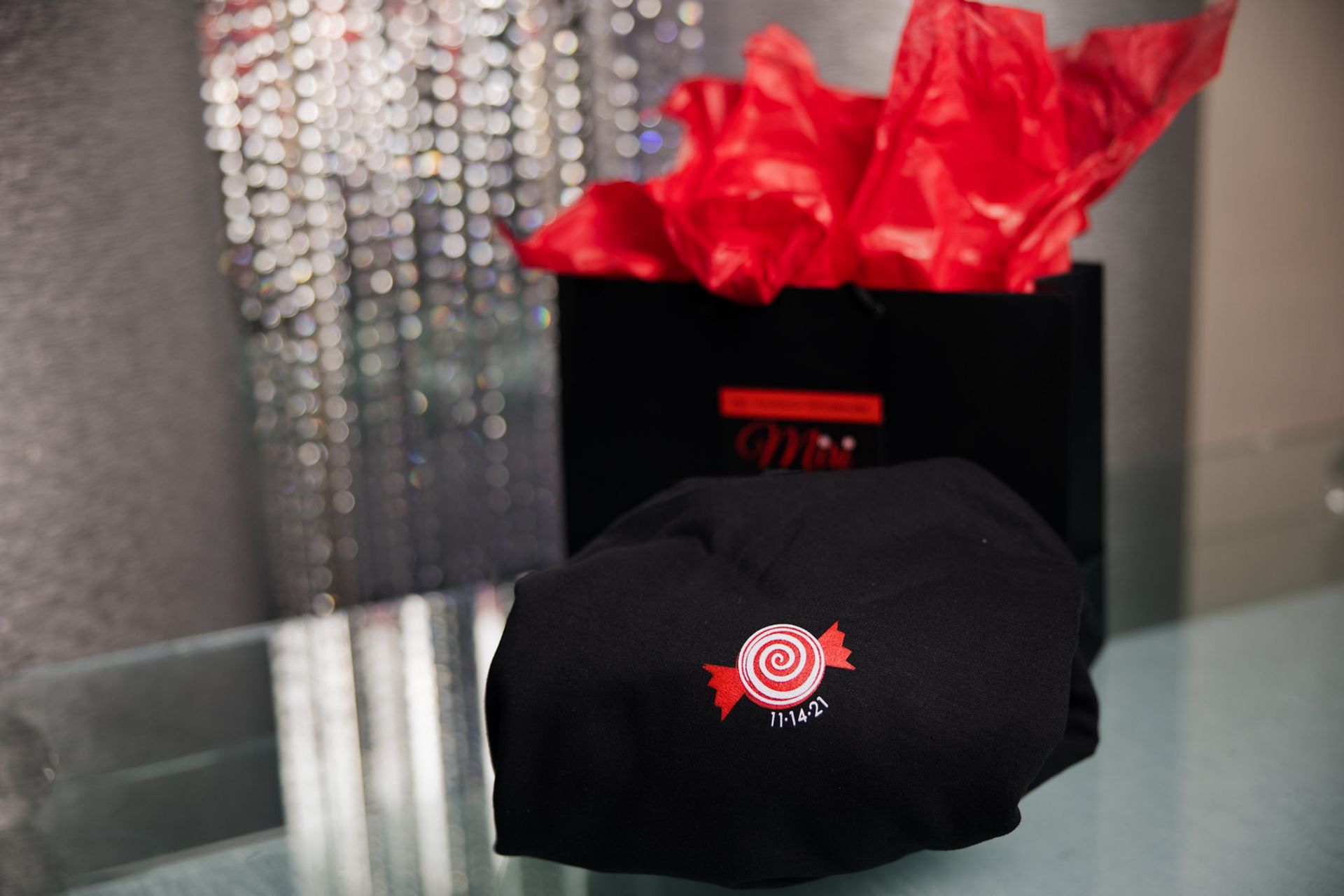 Custom Candy Themed Hoodie for Party Favor and Custom Bag with Red Tissue Paper and Label