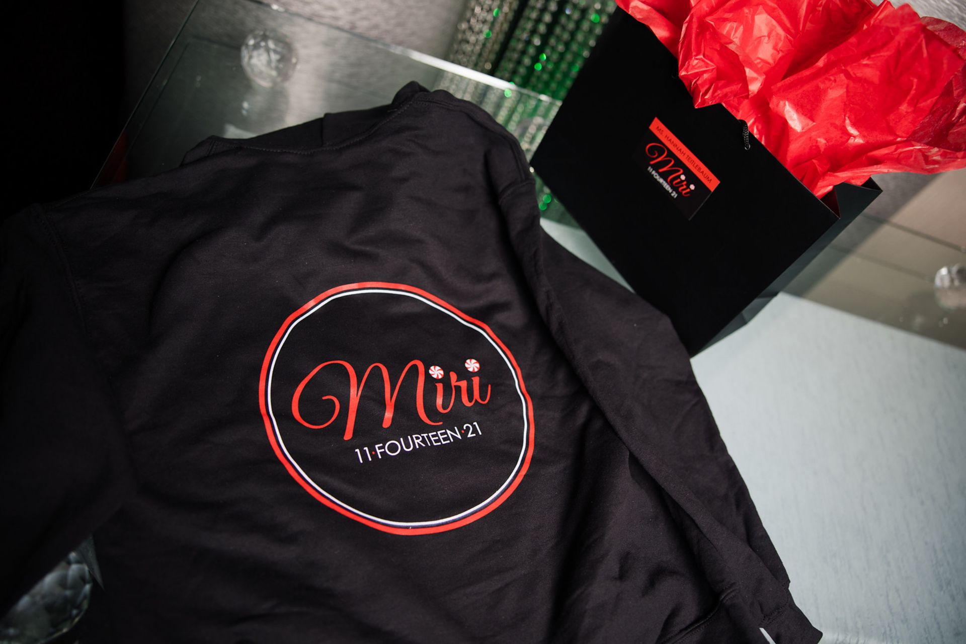 Custom Candy Themed Hoodie for Party Favor and Custom Bag with Red Tissue Paper and Label