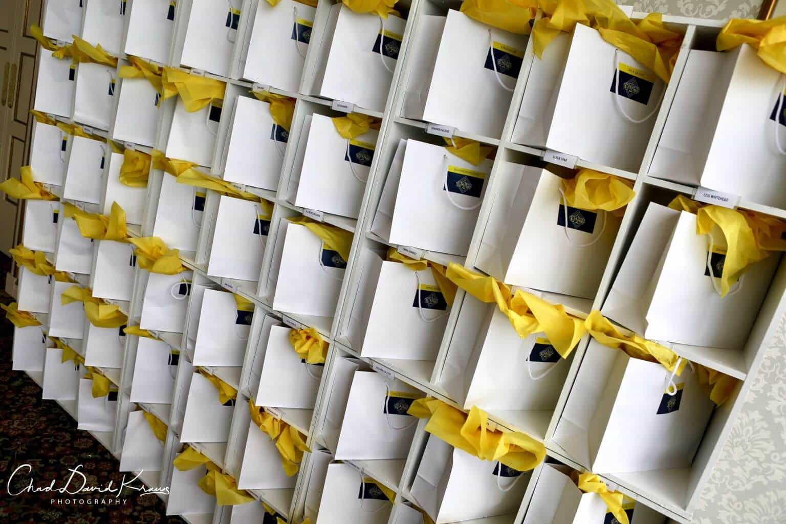 Bar Mitzvah Favor Bags with Custom Logo Stickers in White Cubbies