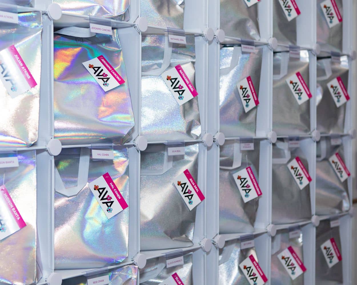 Silver Bag & Tag for a Flower Theme Bat Mitzvah at Whippoorwill Country Club