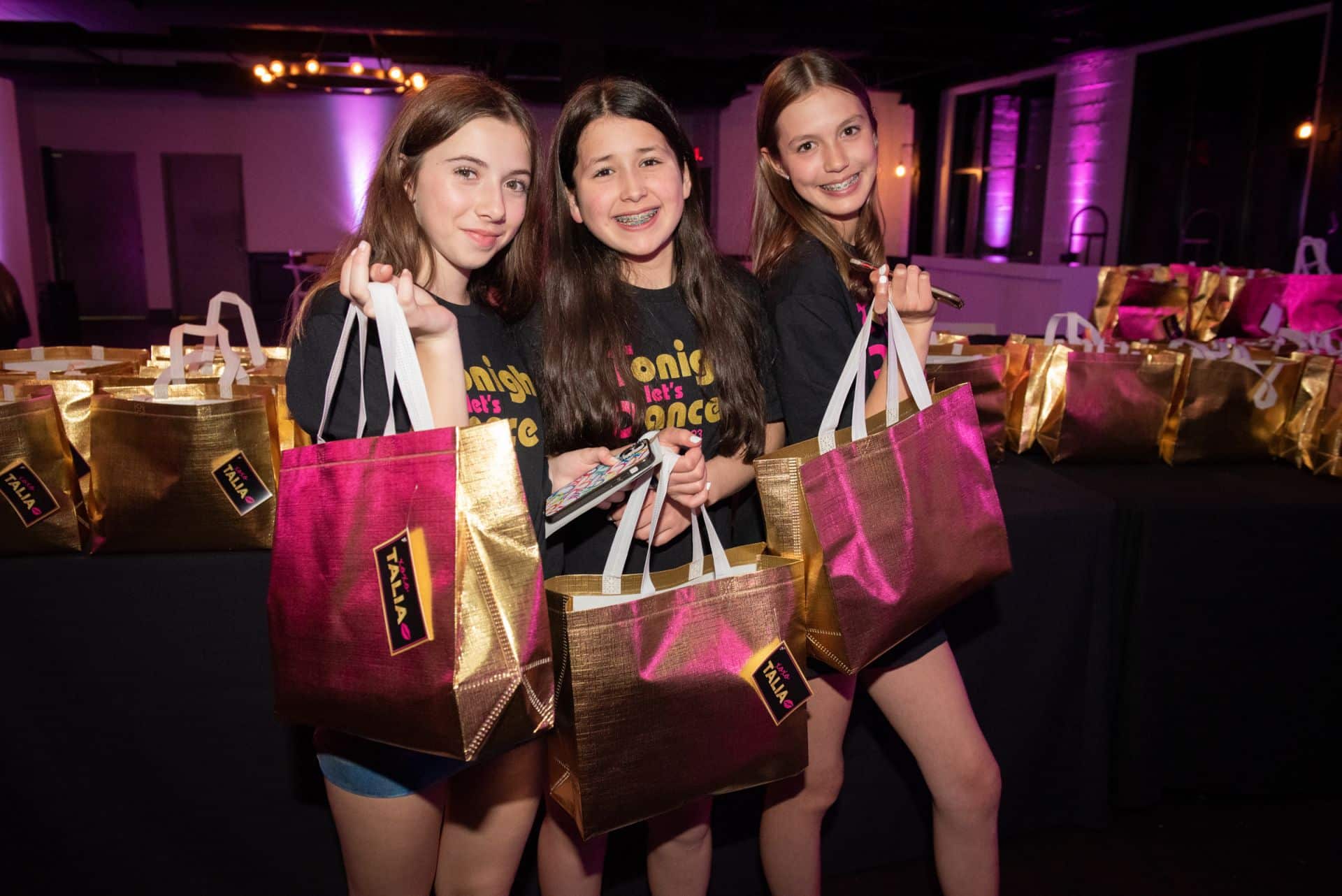 Metallic Gold Favor Bags with Custom Logo Tags for Bat Mitzvah