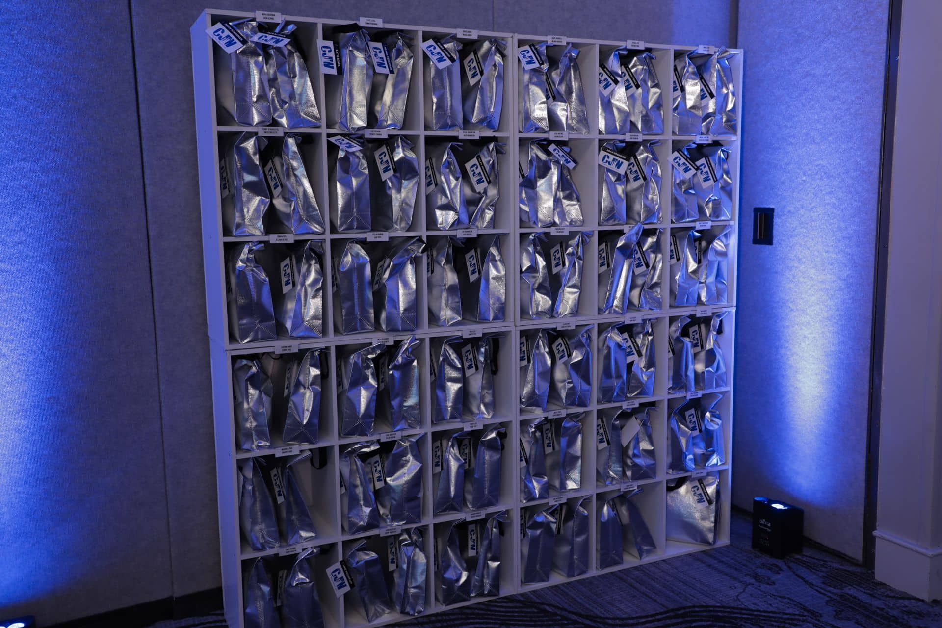 Silver Metallic Gift Bags with Custom Tags in Cubbies for NYC Themed Bar Mitzvah