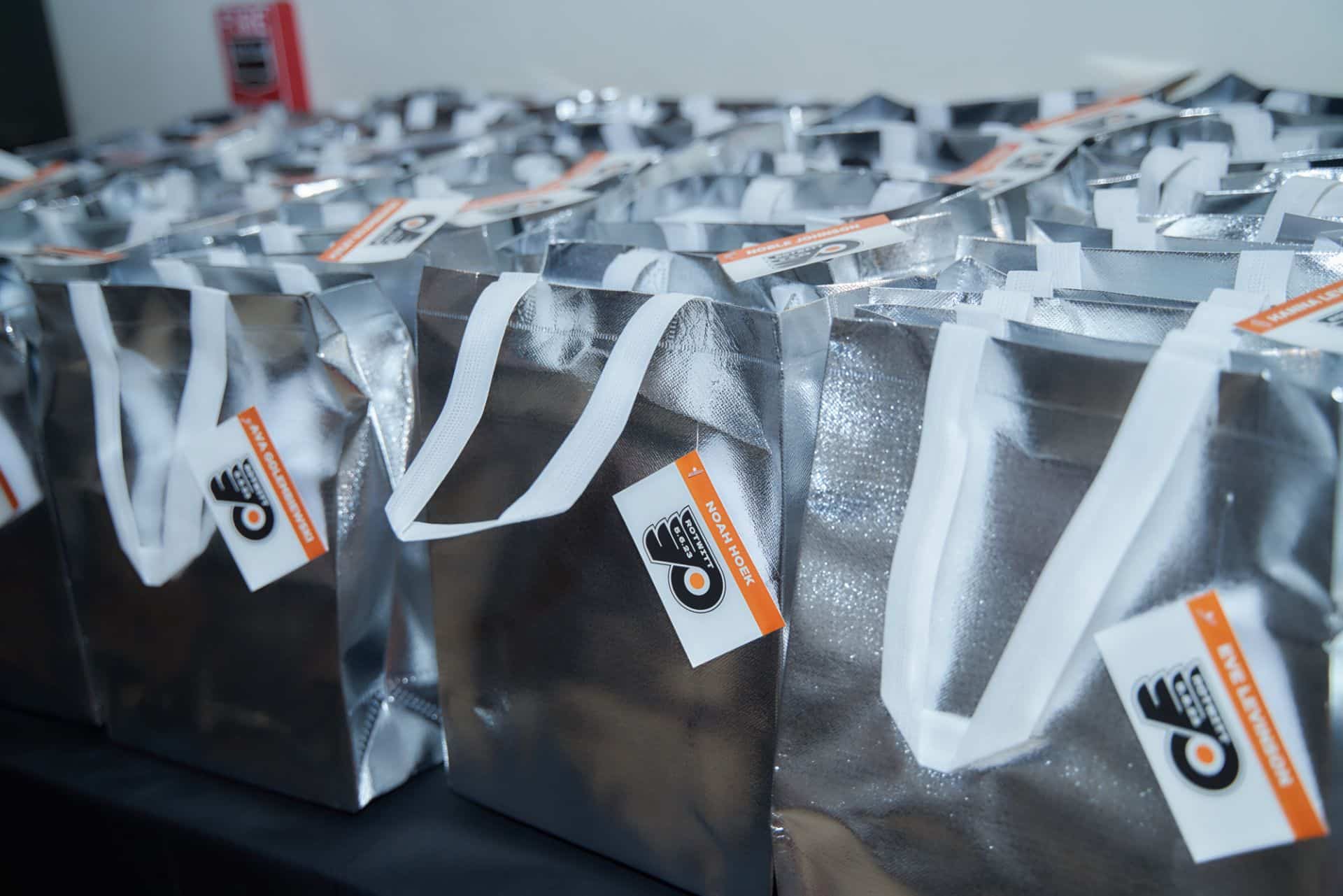 Custom Metallic Favor Bags with Logo Tags for Bat Mitzvah Party Favors