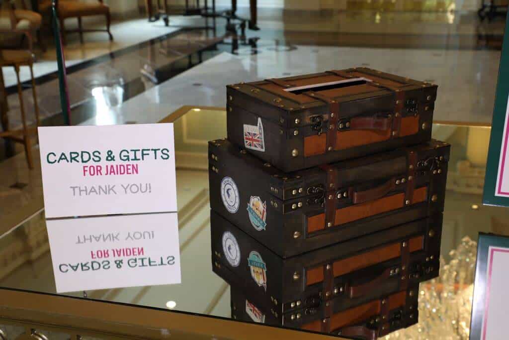 Travel Themed Suitcase Gift Box with Custom Stickers and Sign