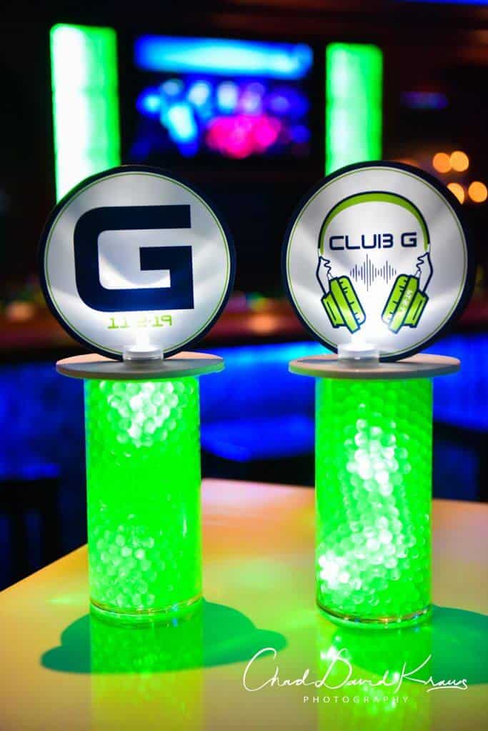 Club Themed Bar Mitzvah Centerpieces with Custom Logos and LED Lighting