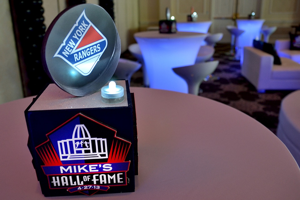 Mini Cube Lounge Centerpiece with Logo and Hockey Puck Topper